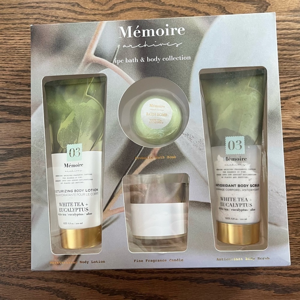 NWT Memoire 4 piece bath and body collection white tea and eucalyptus set